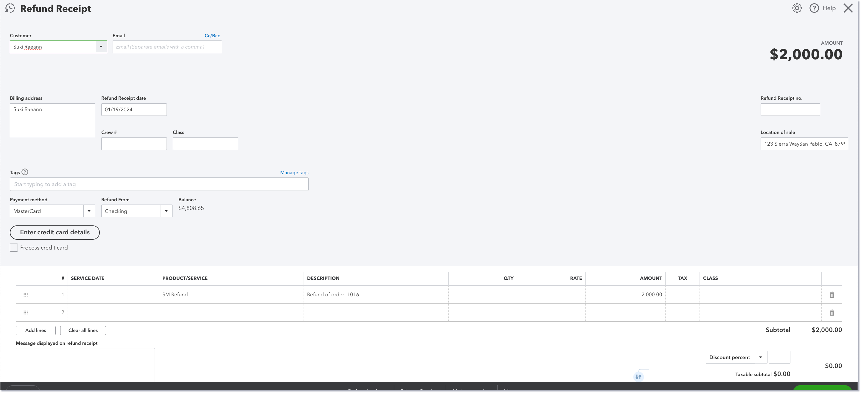 QuickBooks Online Refund Receipt