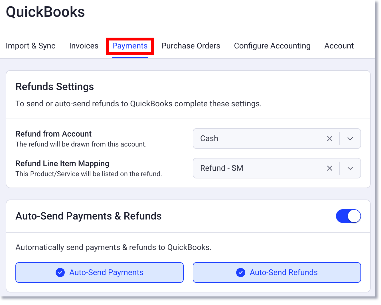 Paramètres de paiement QuickBooks dans Shopmonkey