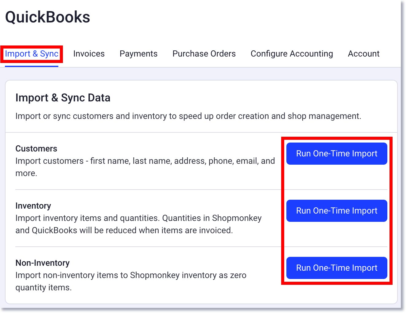 Paramètres d'importation et de synchronisation de QuickBooks dans Shopmonkey