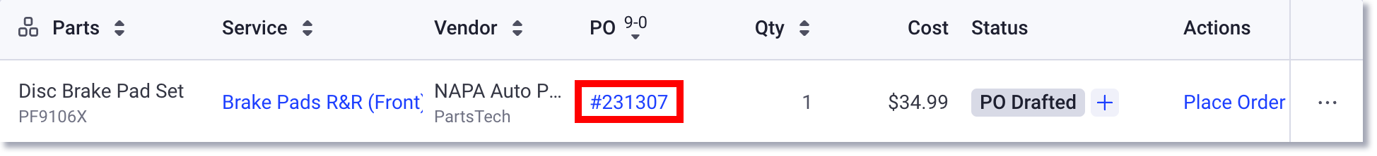 ver el borrador de la orden de compra para la pieza de partstech en una estimación