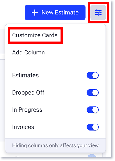 Options de personnalisation des colonnes de la page Workflow pour personnaliser les cartes