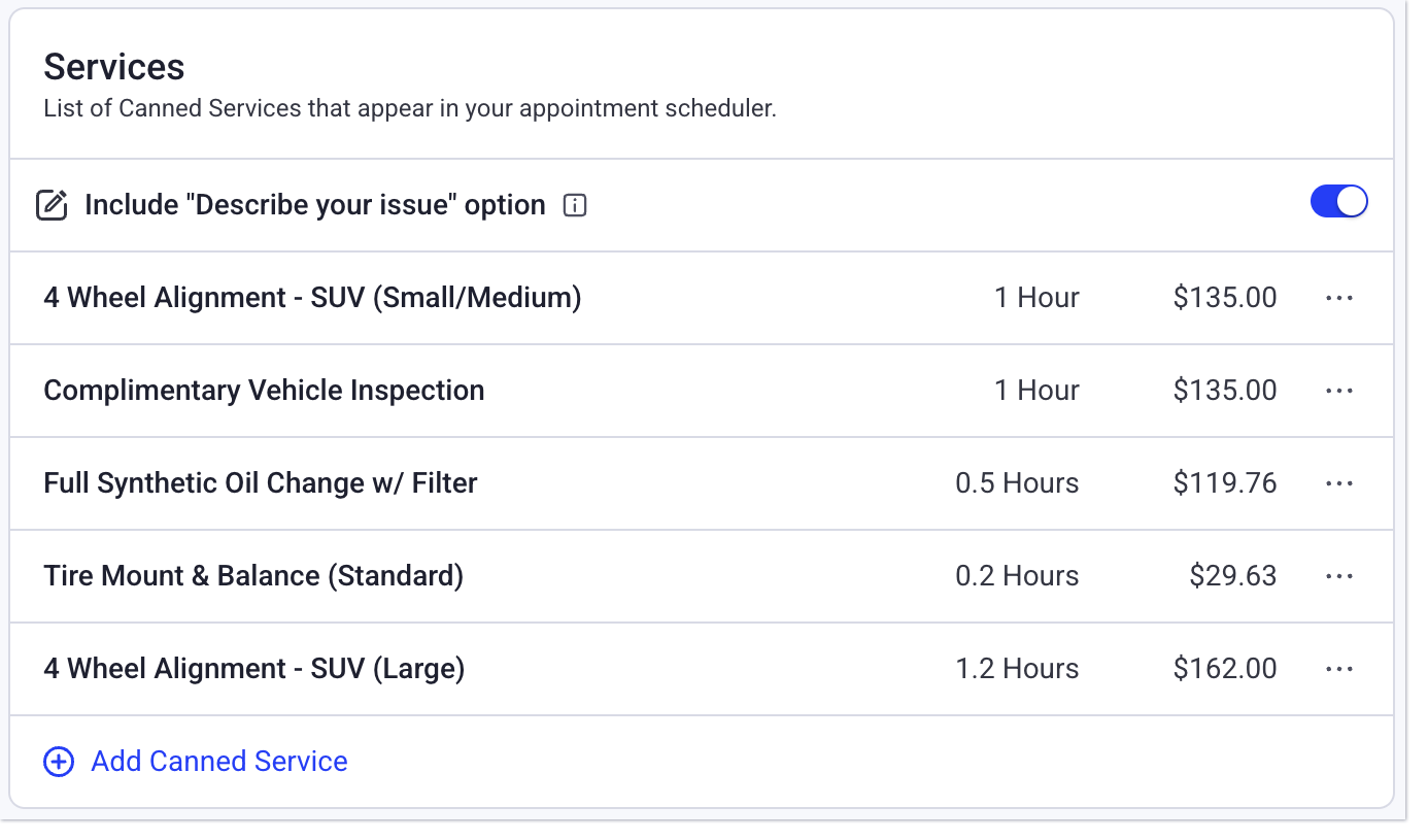 Section Services sur la page de planification