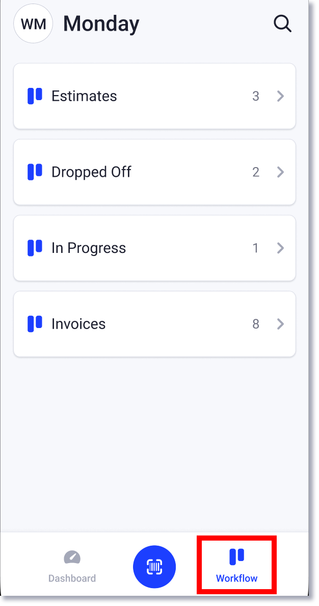 flujo de trabajo en la aplicación móvil Shopmonkey for Techs