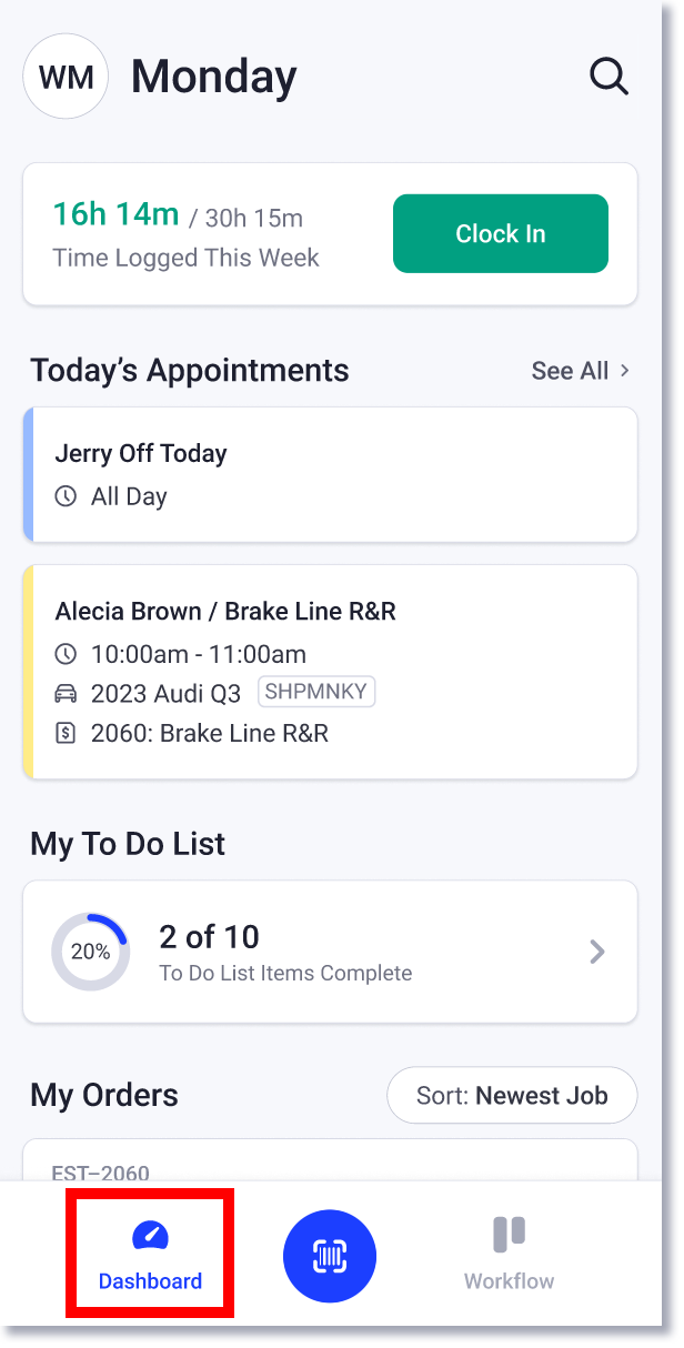 Tableau de bord sur l'application mobile Shopmonkey for Techs