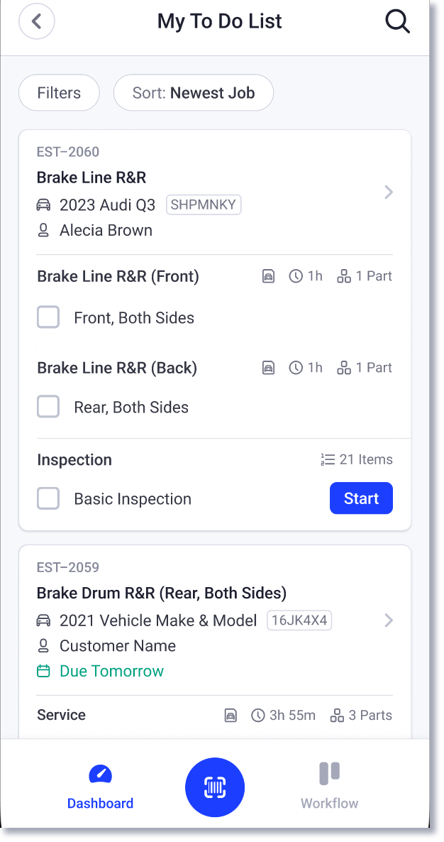 Liste de tâches sur l'application mobile Shopmonkey for Techs