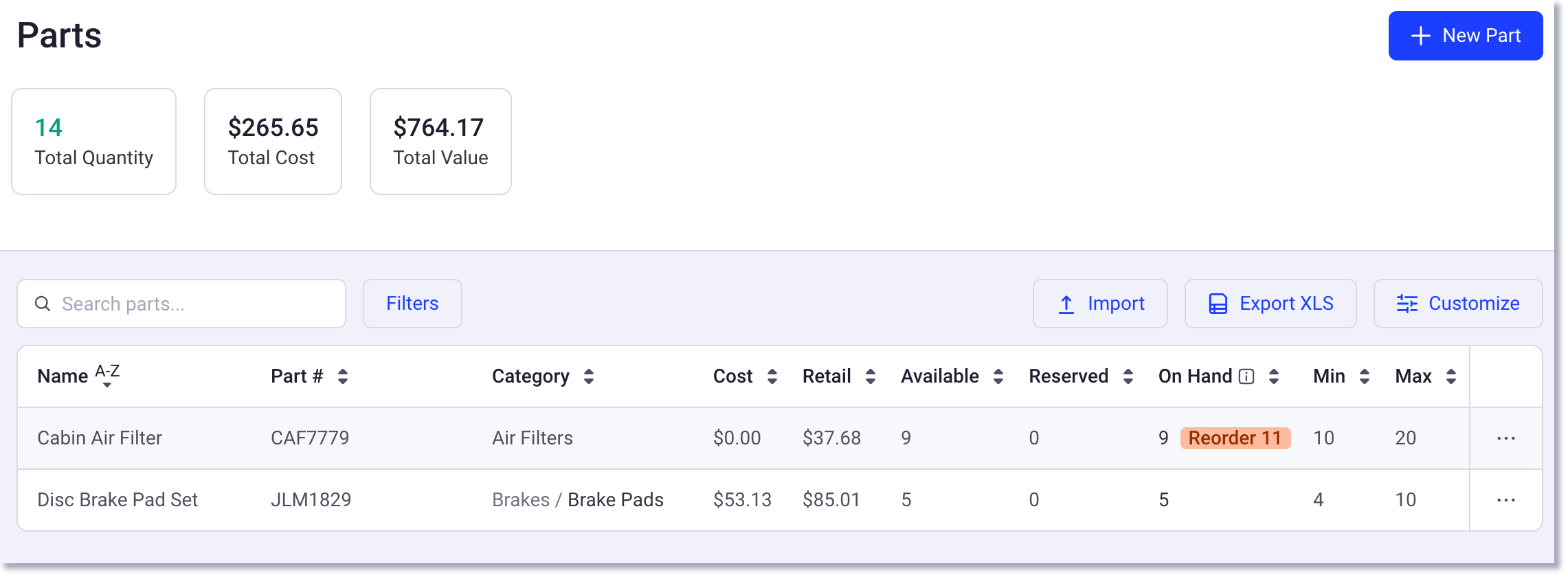 Parts inventory page