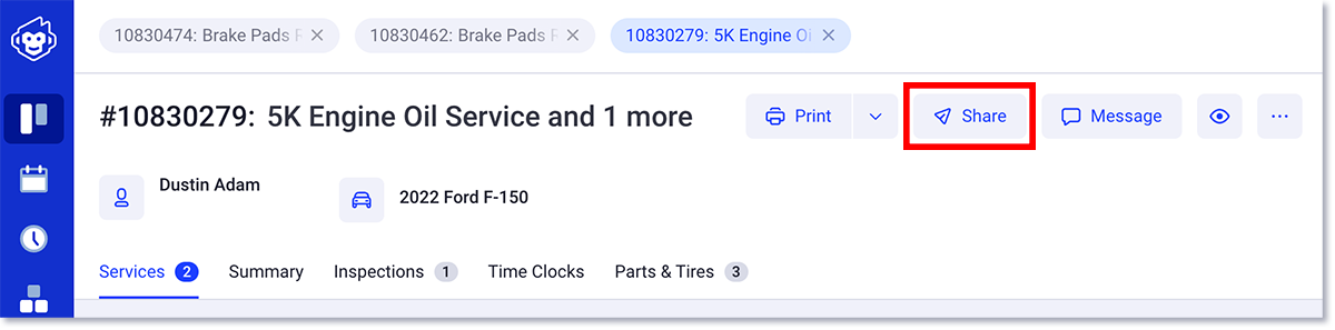 Sélectionnez le bouton Partager dans un devis pour partager le devis ou la facture avec le client