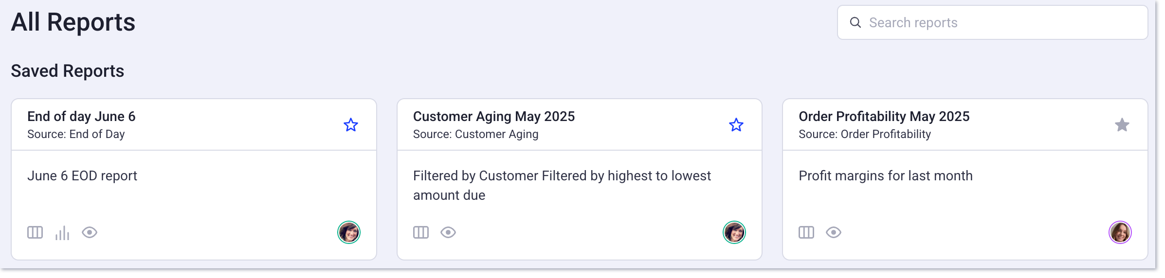 Saved reports all reports page