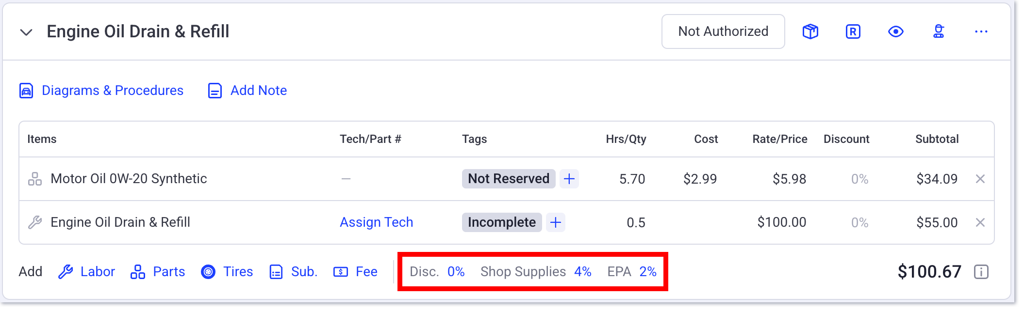 Fees on a service card