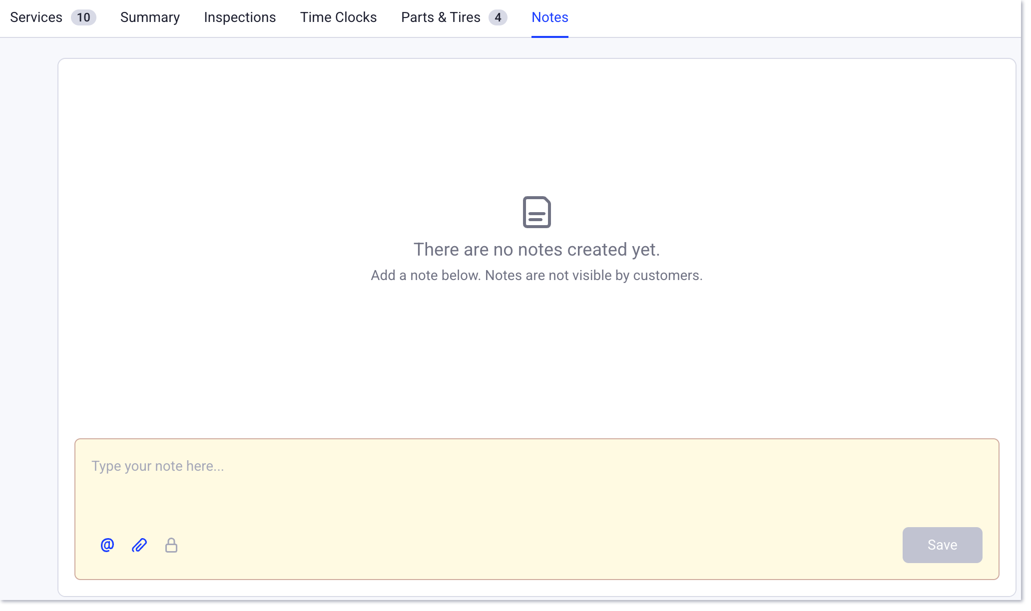 internal notes tab in an order