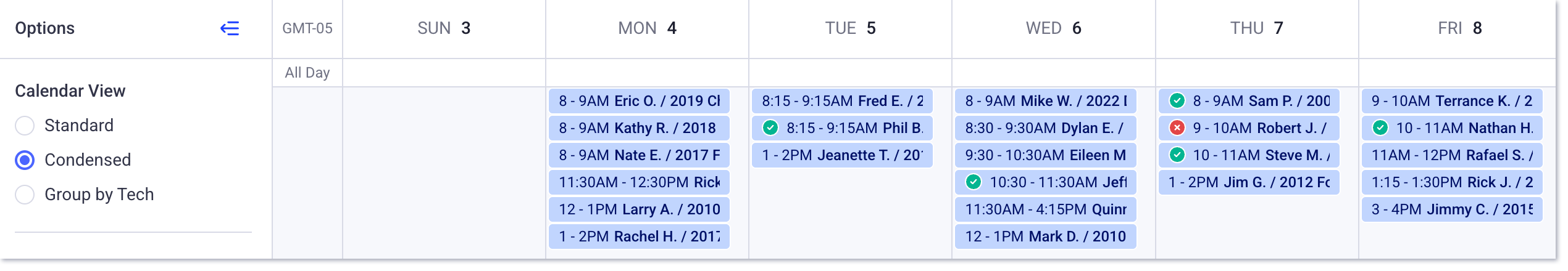 vue condensée de la page du calendrier