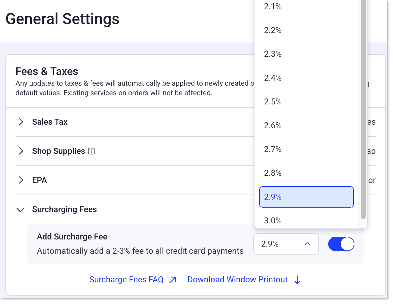 toggle on surcharging