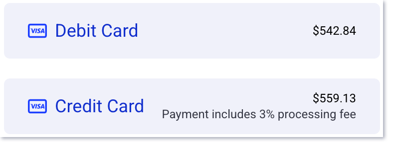 payment methods showing surcharging processing fee added