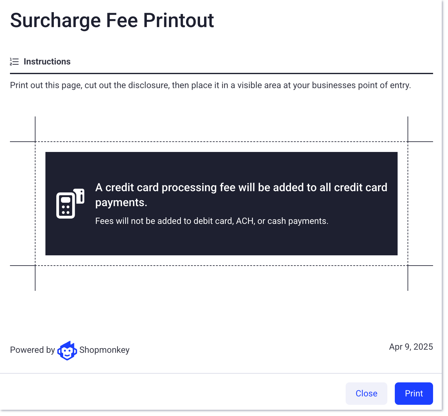 surcharge fee window printout