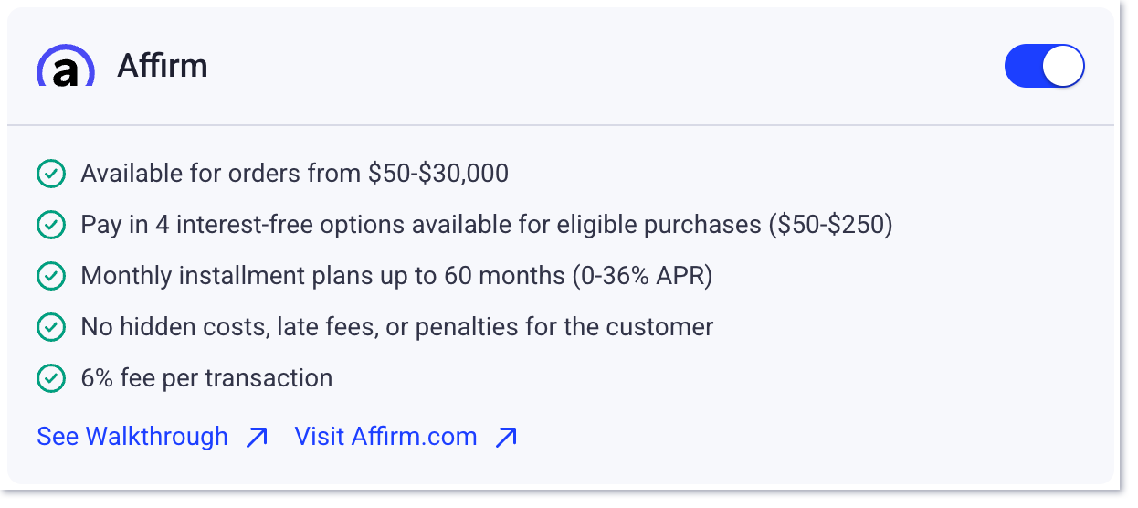 toggle on Affirm