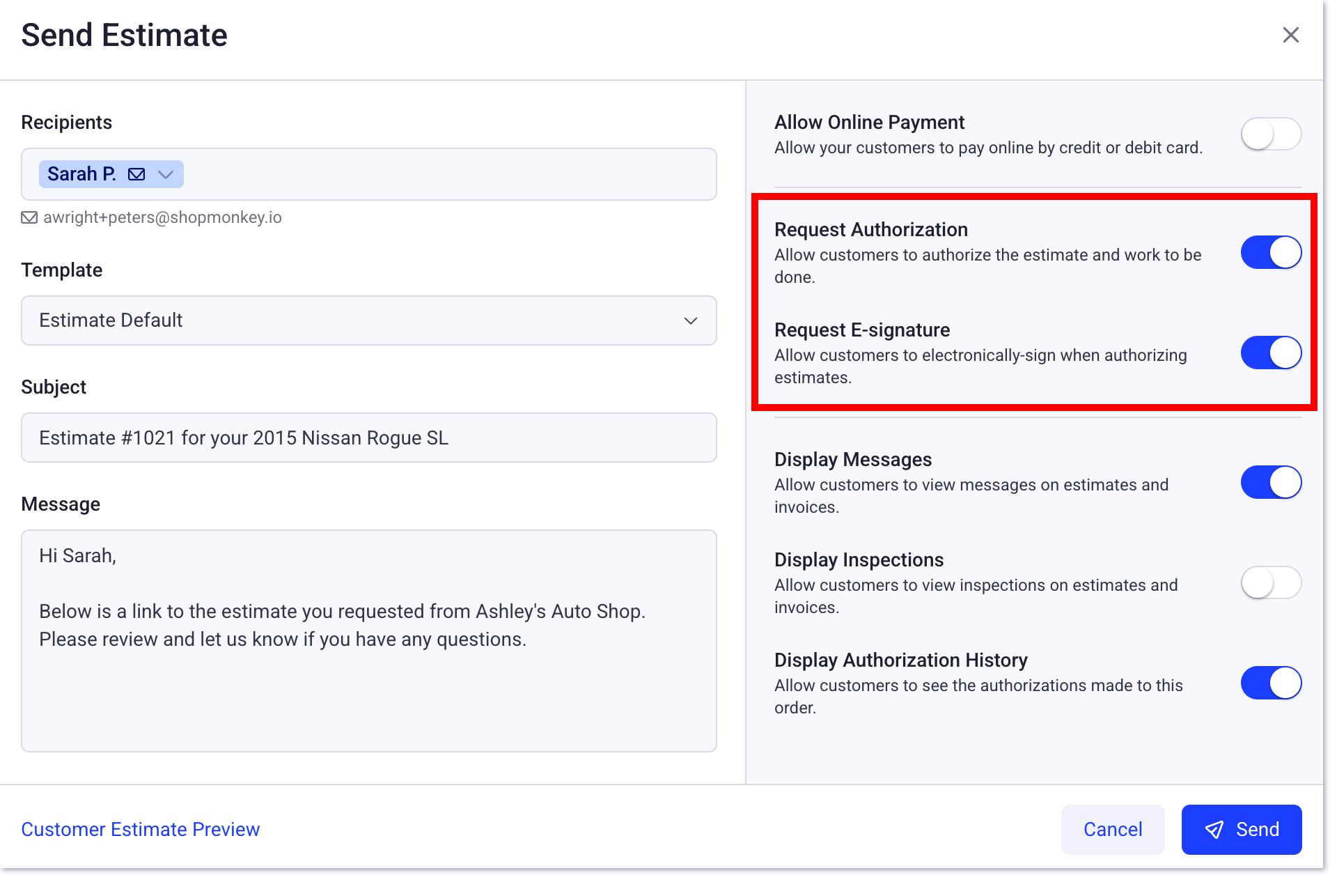 Menu Partager l'estimation avec autorisation de demande activée