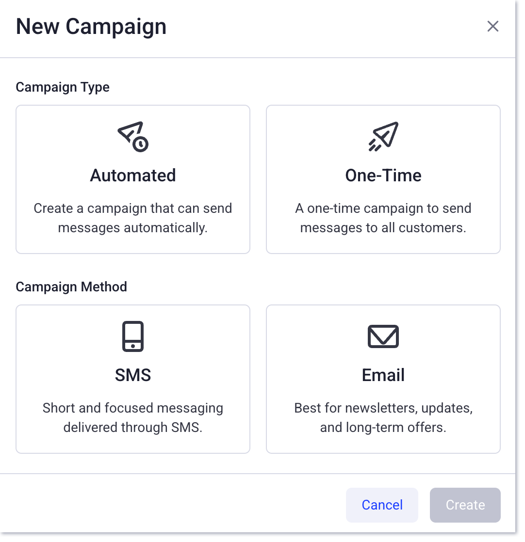 ajouter une campagne automatisée ou ponctuelle et sélectionner la méthode de campagne
