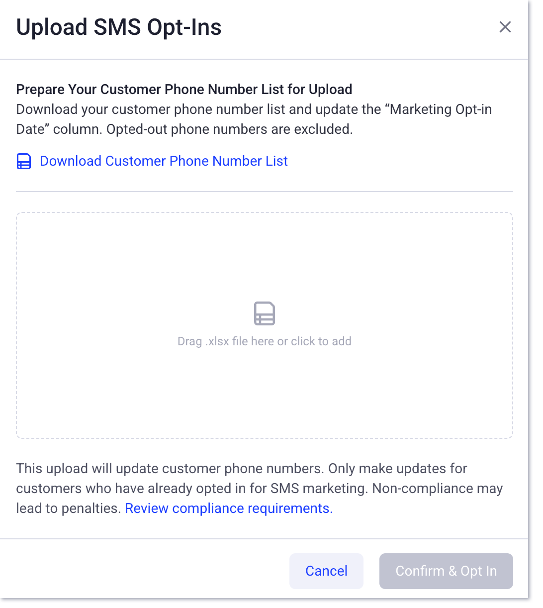 Menú de suscripción para subir SMS
