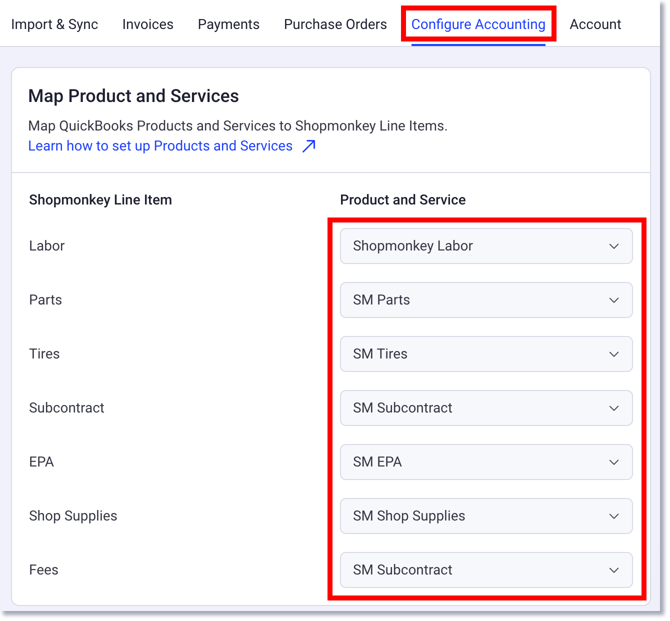 Configurer la comptabilité pour QuickBooks dans Shopmonkey