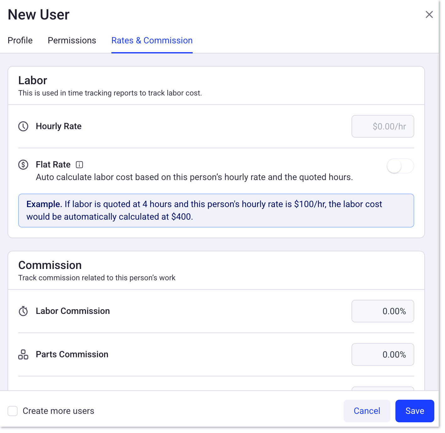 User rates and commissions menu