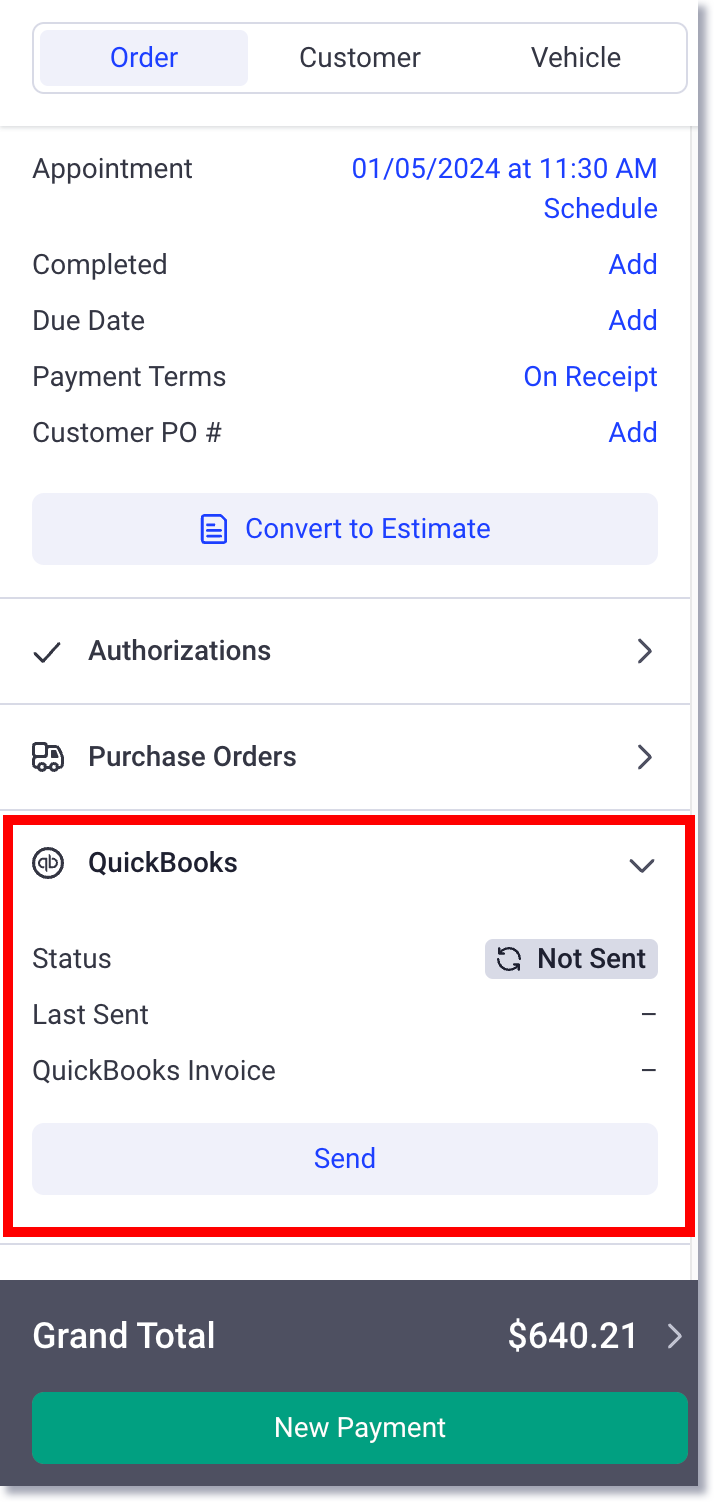onglet Quickbooks sur un ordre de travail