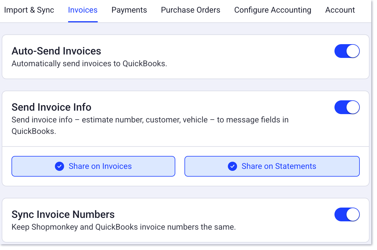 Paramètres des factures QuickBooks dans Shopmonkey