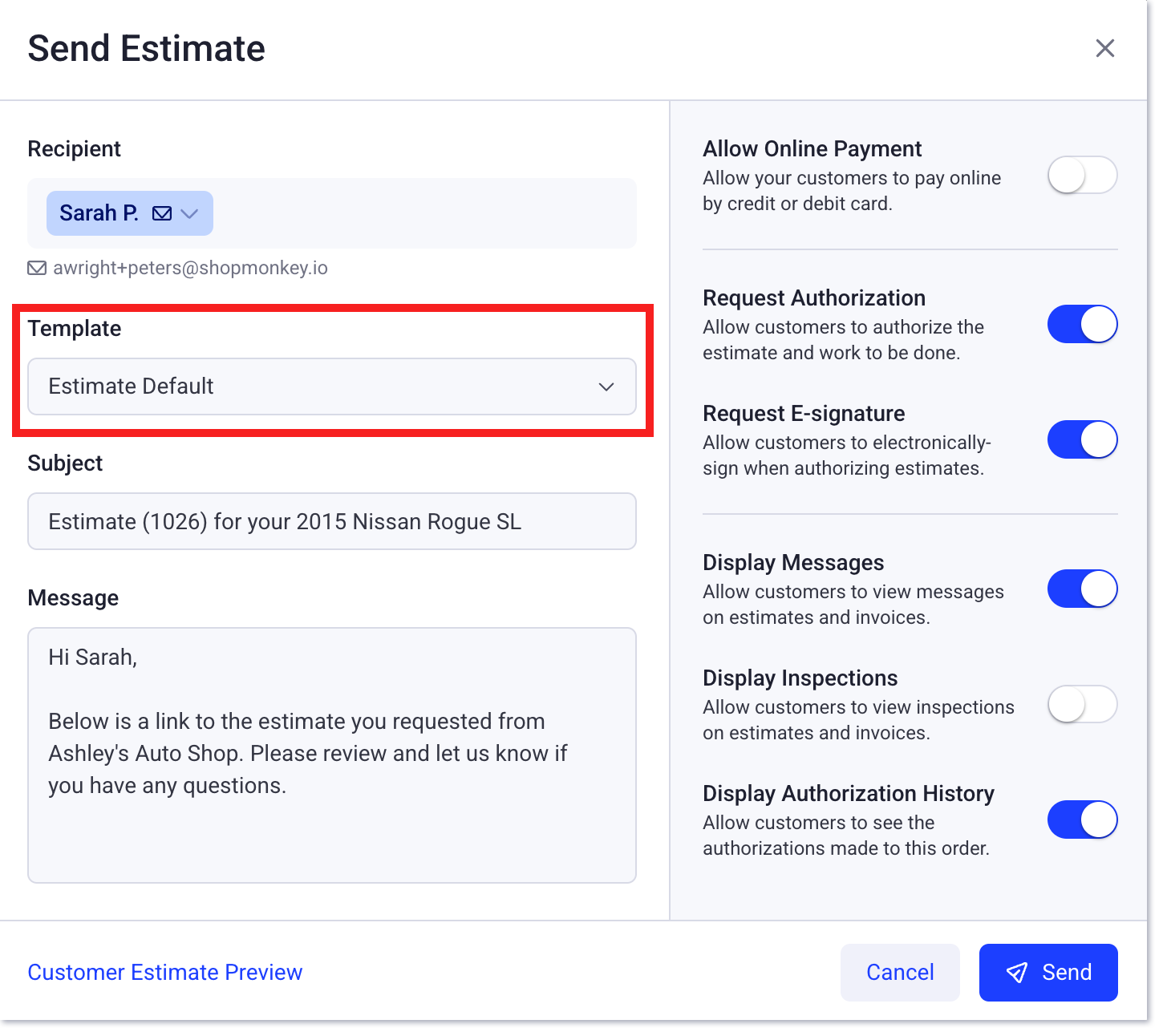 Sélectionner le modèle de message dans le menu d'envoi d'estimation