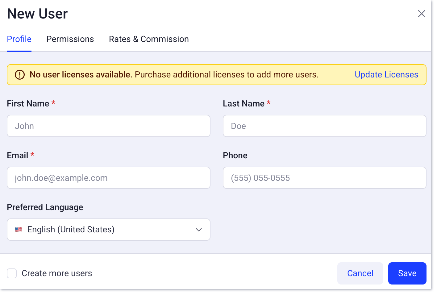 update user licenses new user menu