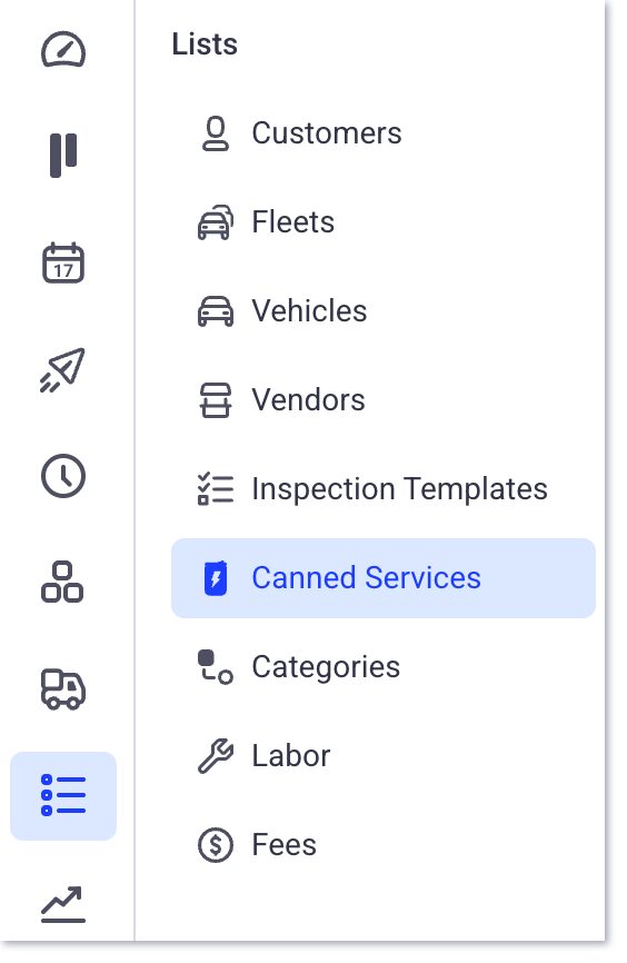 Página de lista de servicios predefinidos