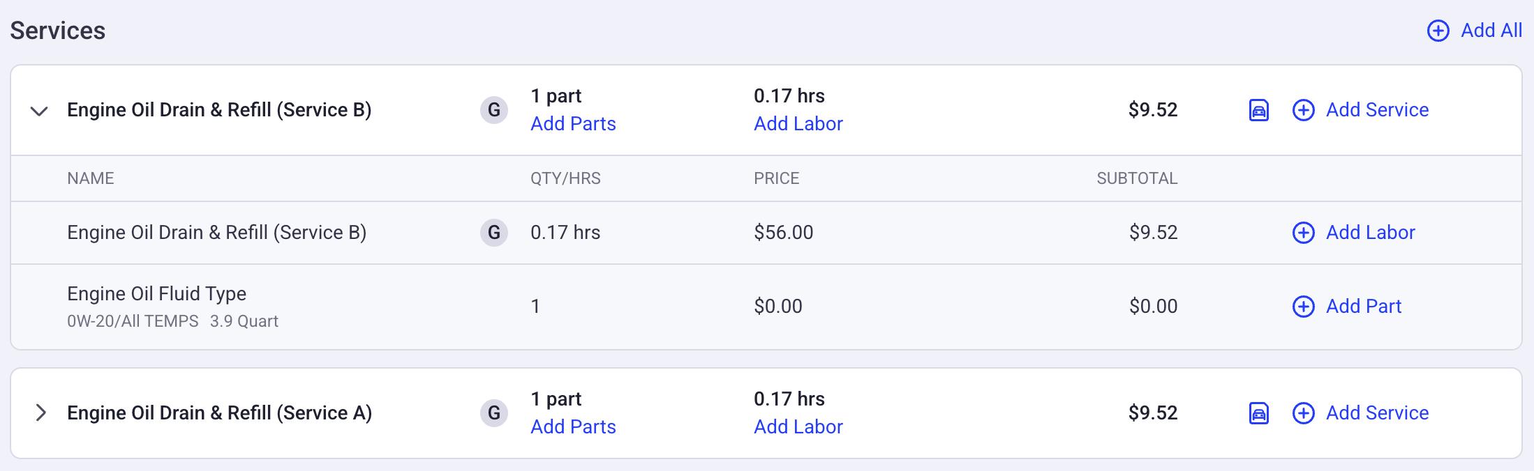 Add the service, labor, and or part to an estimate