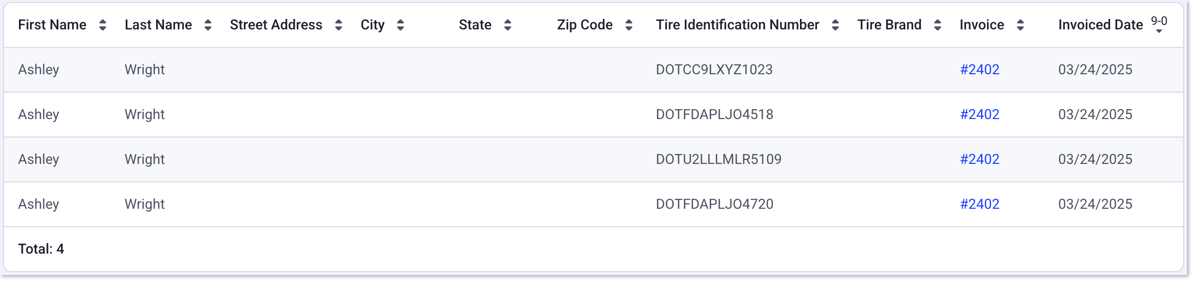 Tire identification Number report