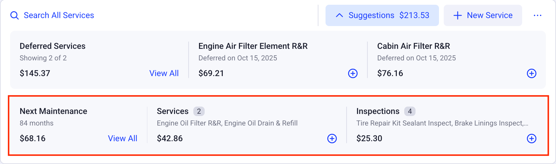 Screenshot of estimate with the Maintenance recommendations box