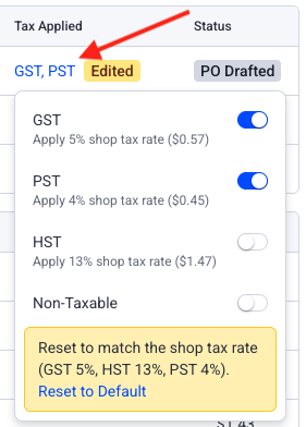 Purchase order taxes applied links