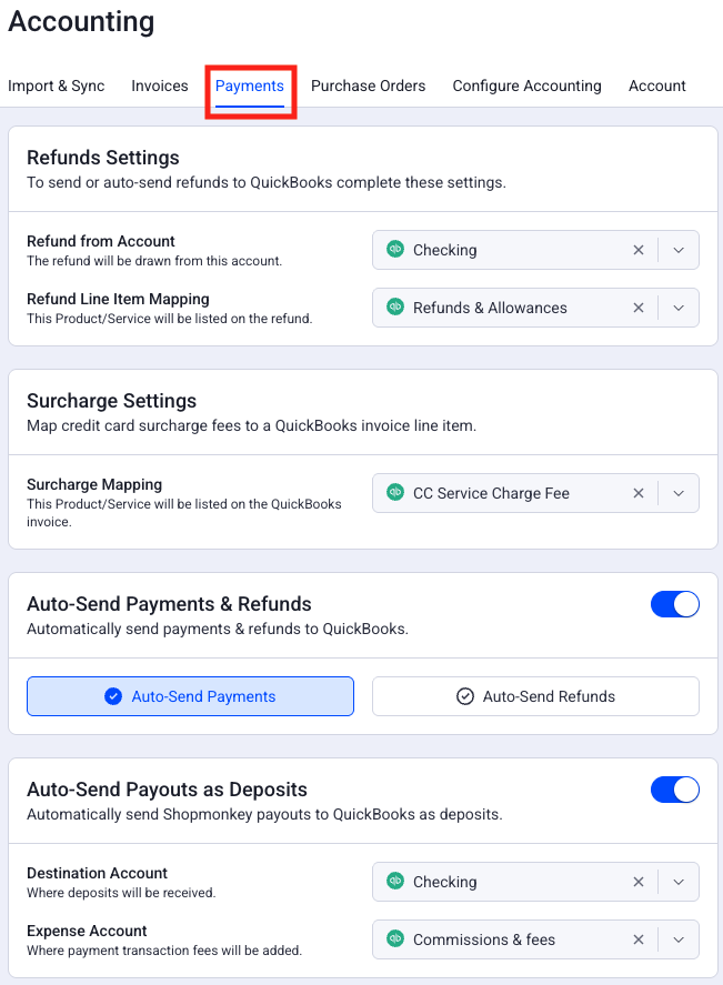 QuickBooks payments settings in Shopmonkey