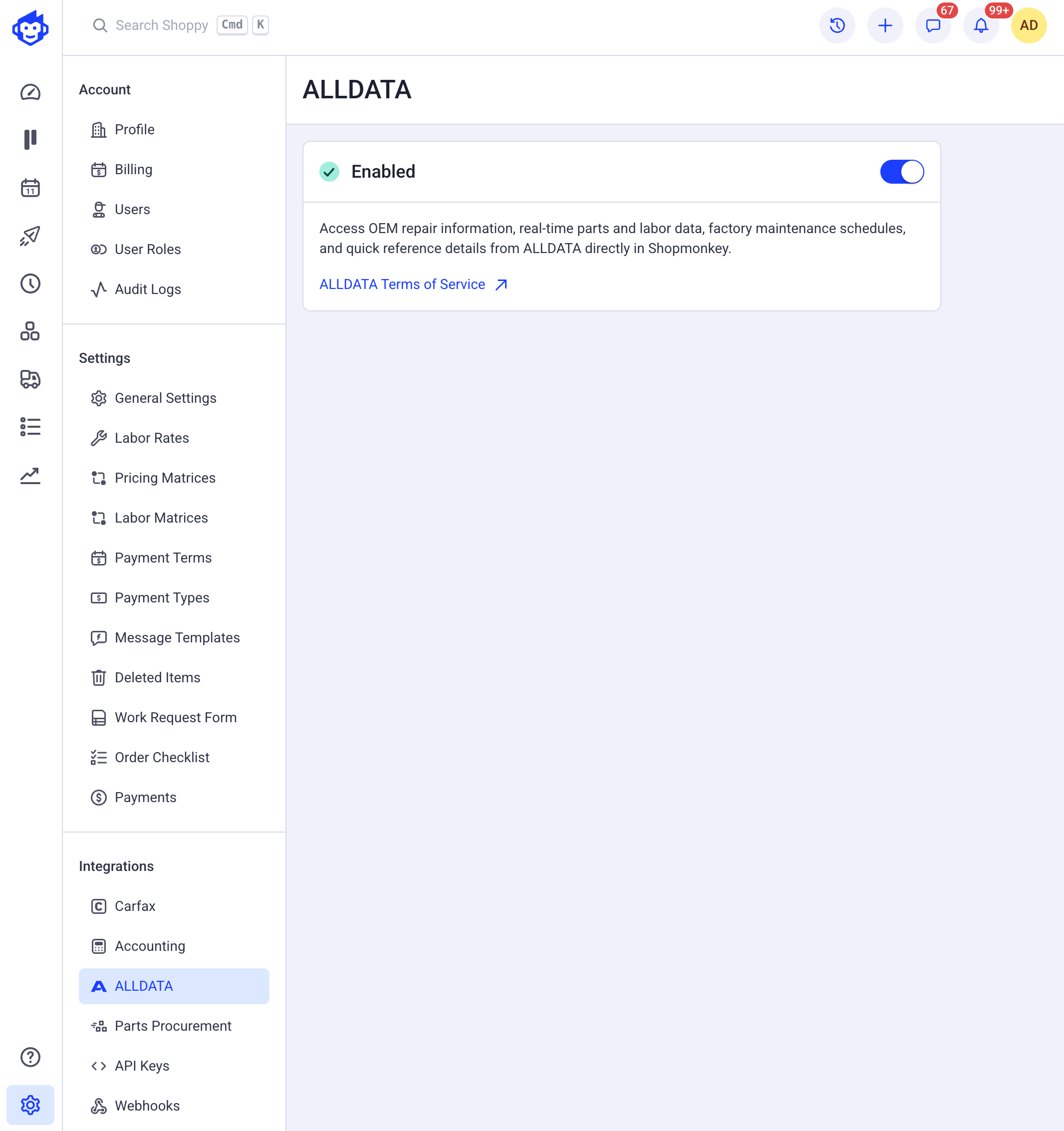 Configuración > Integraciones > ALLDATA