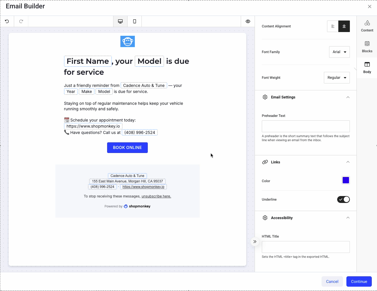 GIF de las opciones de vista previa del constructor