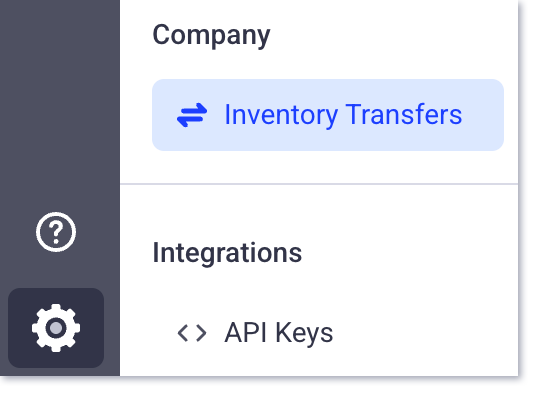 Icono de configuración de la sede central con Transferencias de inventario seleccionadas