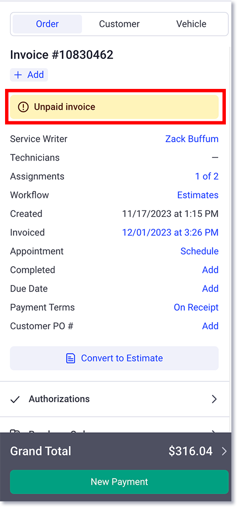 Unpaid Invoice banner on unpaid invoice