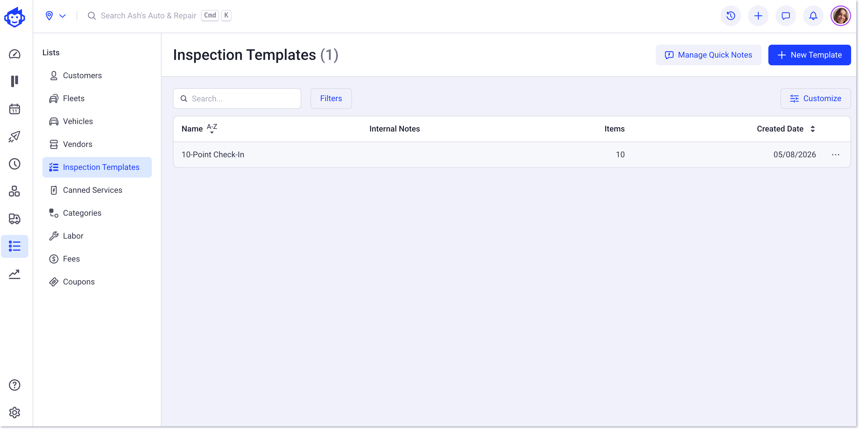 inspection templates page