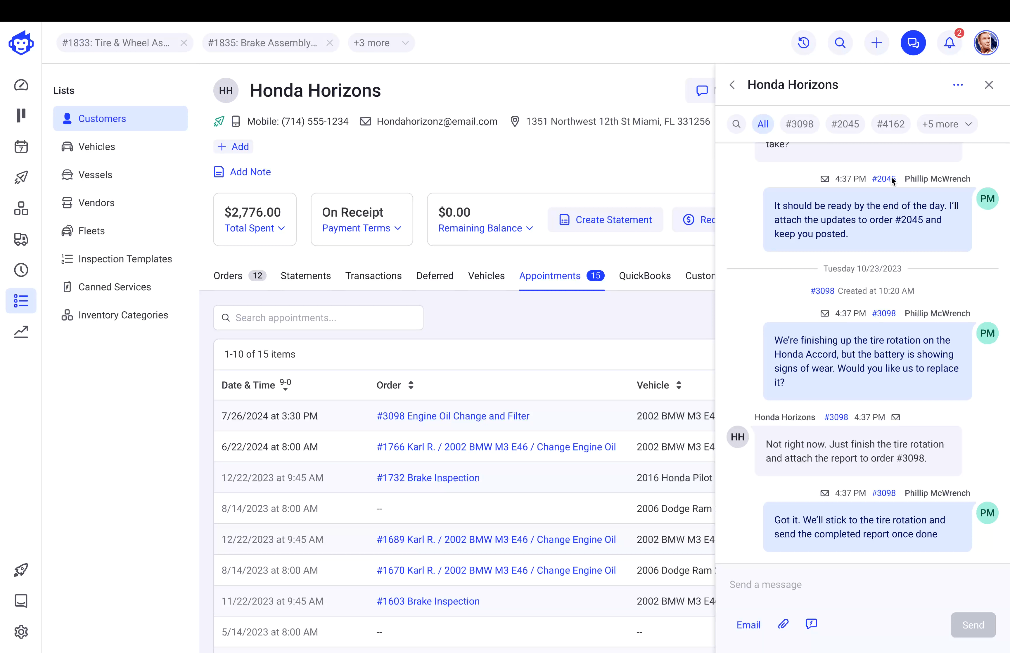 Filter customer messages by order