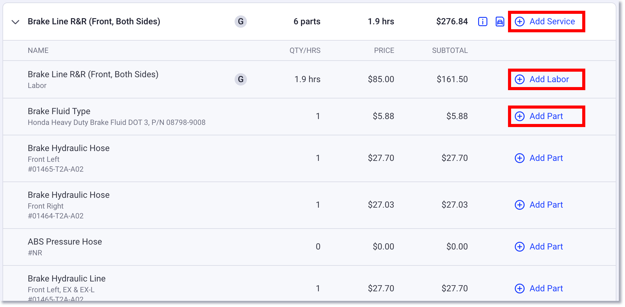 Add the service, labor, and/or part to an estimate
