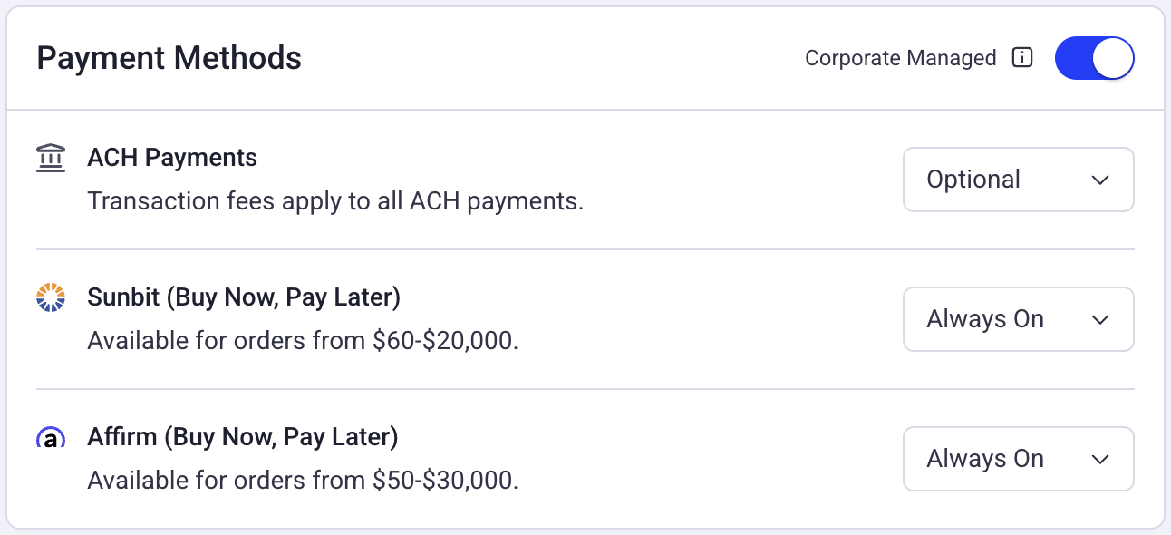 HQ payment methods settings