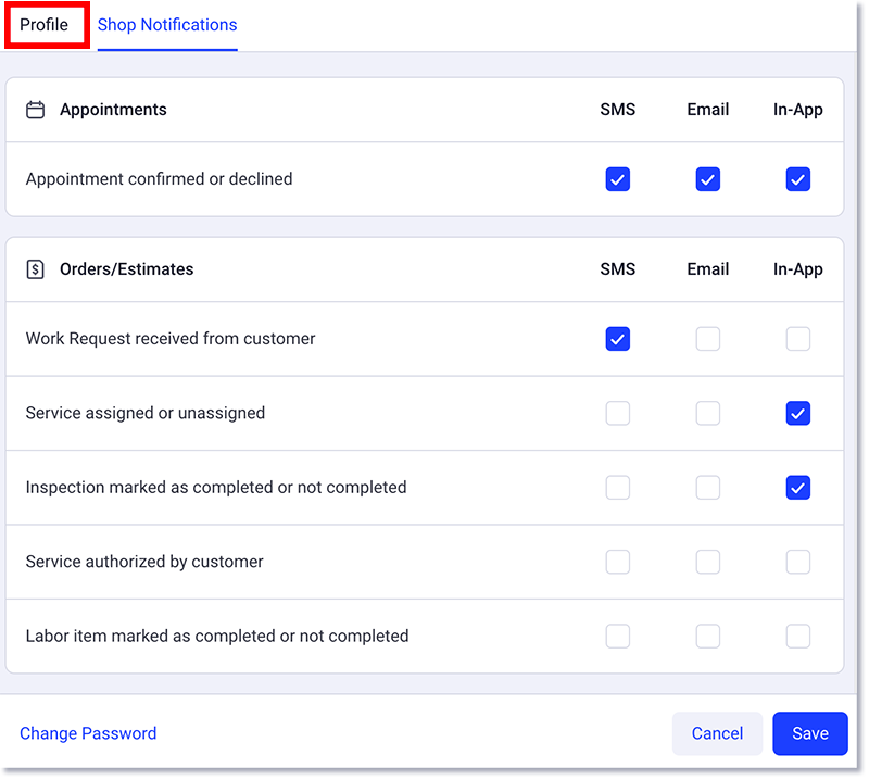 Select the profile tab to update user contact information