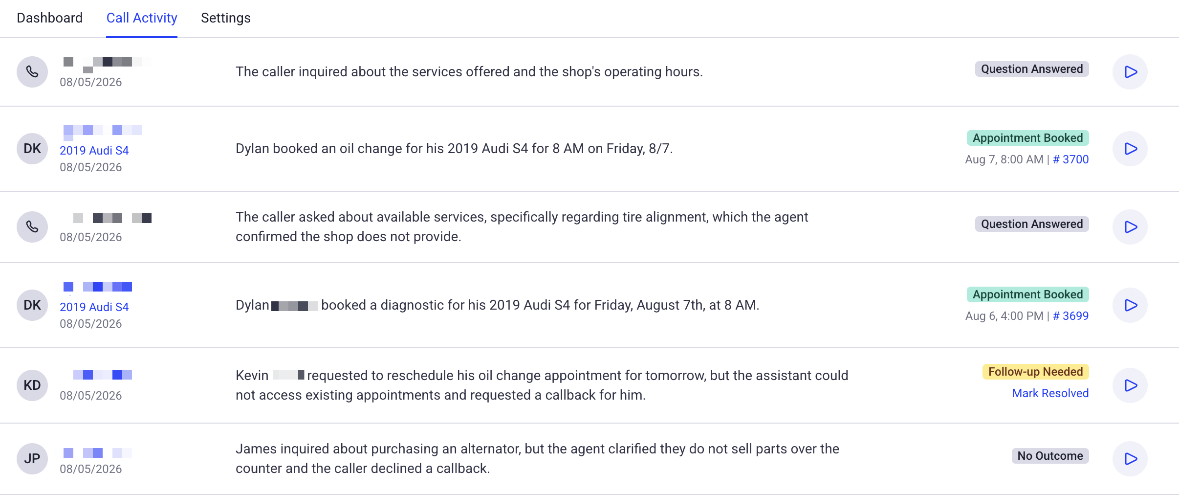 call activity in concierge