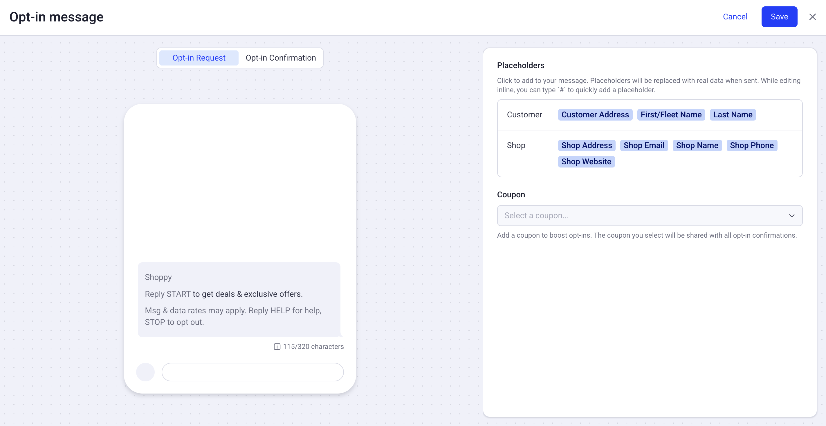 sms opt in message editor